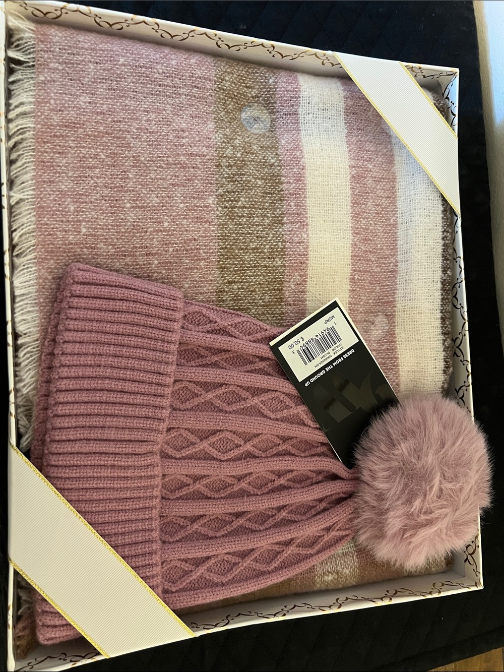 Nine West Mauve Cable Knit Pom Beanie and Striped Wrap Scarf Set